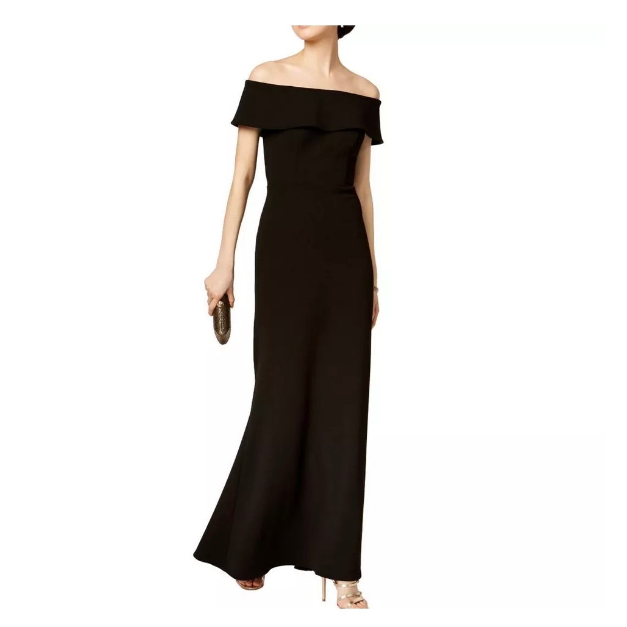 Betsy And Adam Black Off The Shoulder Ruffled Back A-Line Sheath Gown Size 4